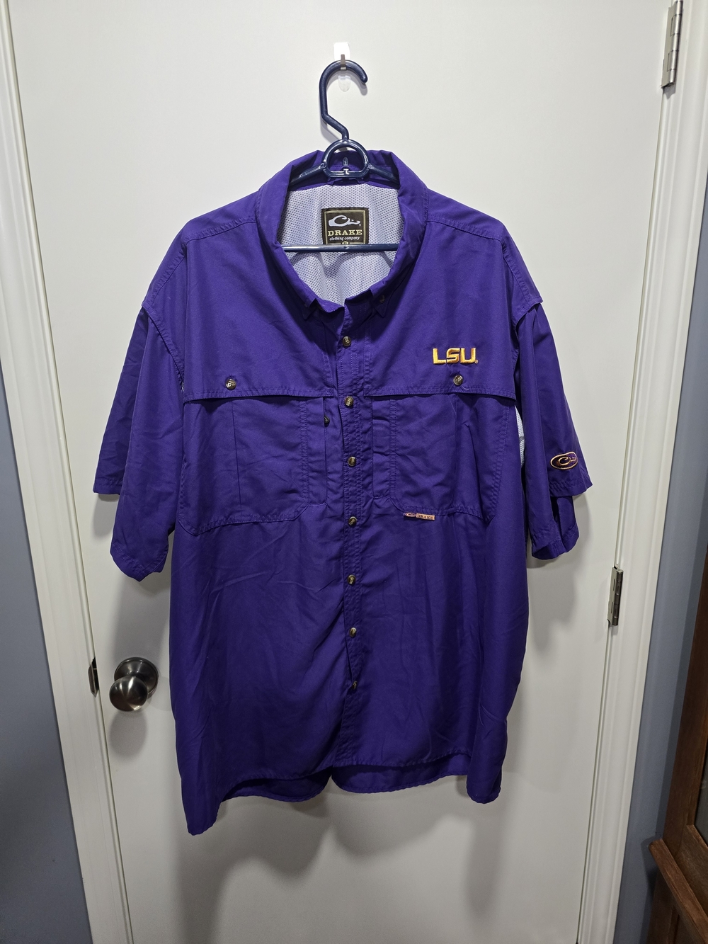 Drake Waterfowl LSU Purple Short-Sleeve Button Shirt
